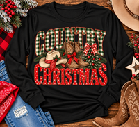 Country Christmas graphic tee with green plaid lettering, red polka dots, cowboy boots, western hat and festive Christmas bows.