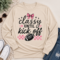 Classy Until Kick Off graphic long sleeve crewneck tee with pink bow and football design