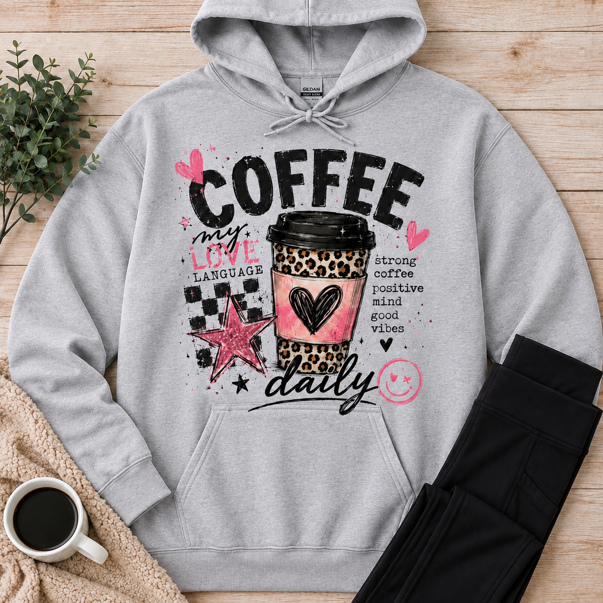 Coffee My Love Language graphic hoodie with pink and leopard print coffee cup design