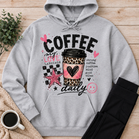 Coffee My Love Language graphic hoodie with pink and leopard print coffee cup design
