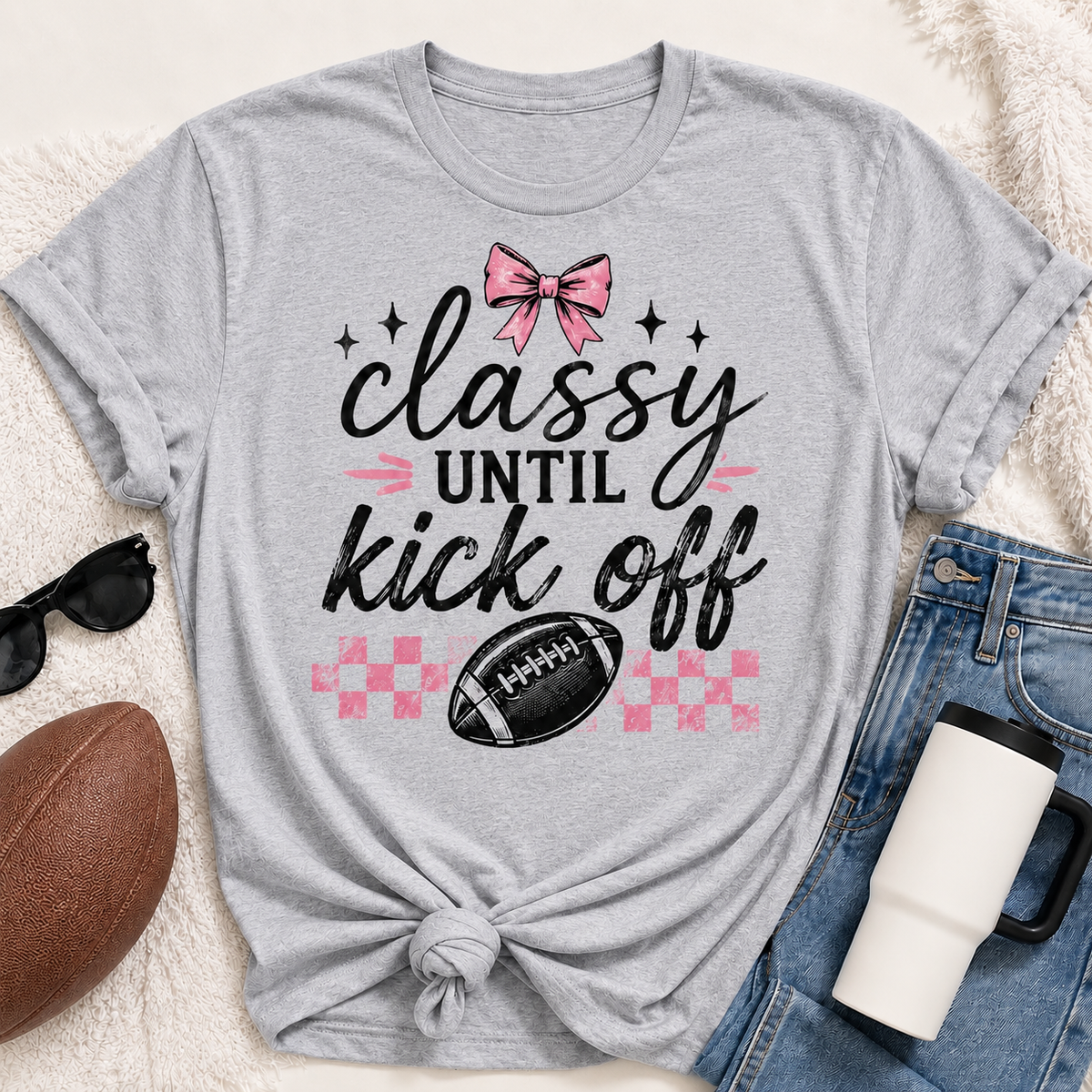 Classy Until Kick Off graphic crewneck tee with pink bow, football and pink checkerboard design