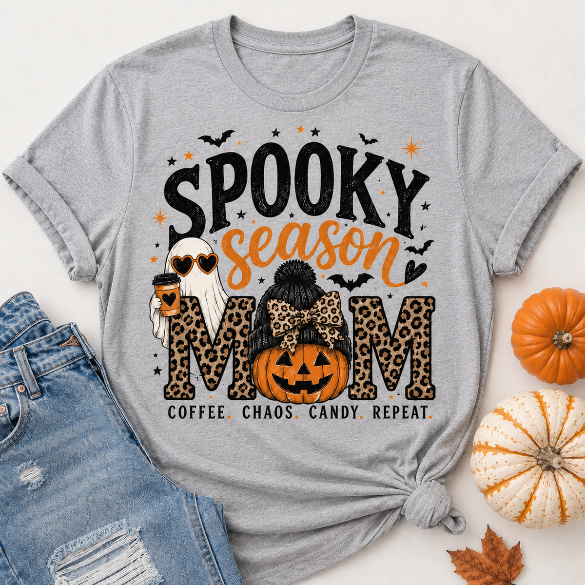 Spooky Season Mom Halloween graphic V-neck tee with leopard print, ghost, pumpkin and coffee design