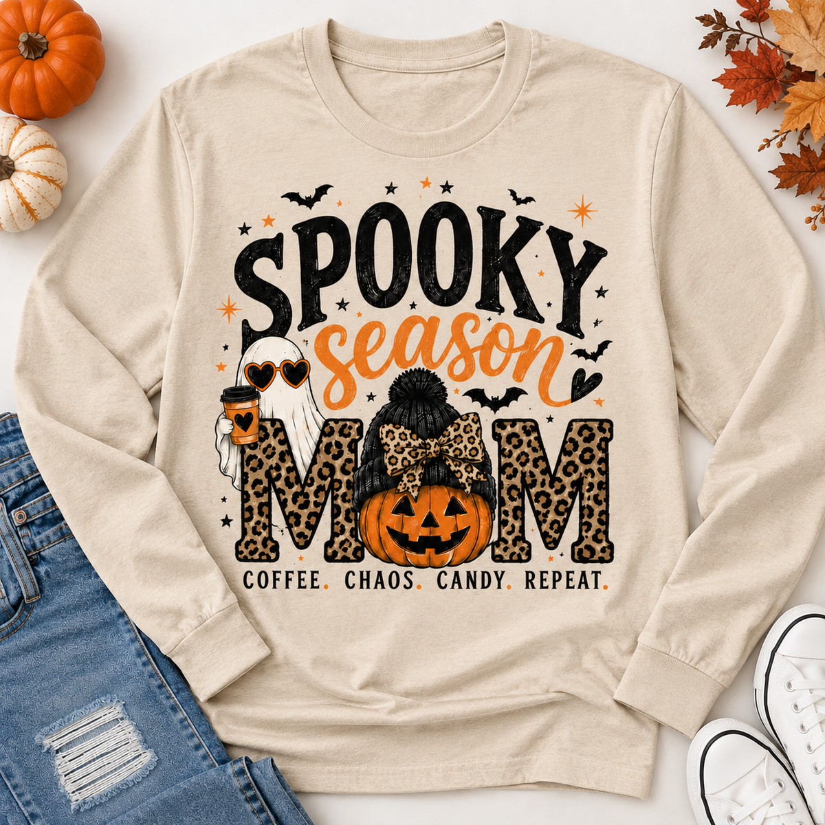 Spooky Season Mom Halloween graphic long sleeve crewneck tee with leopard print, ghost, pumpkin and coffee design