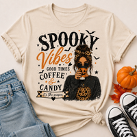 Spooky Vibes Halloween graphic crewneck T-shirt featuring coffee, candy, pumpkins and leopard print