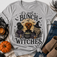 Bunch of Witches Halloween graphic crewneck T-shirt with witches, cauldron and bats