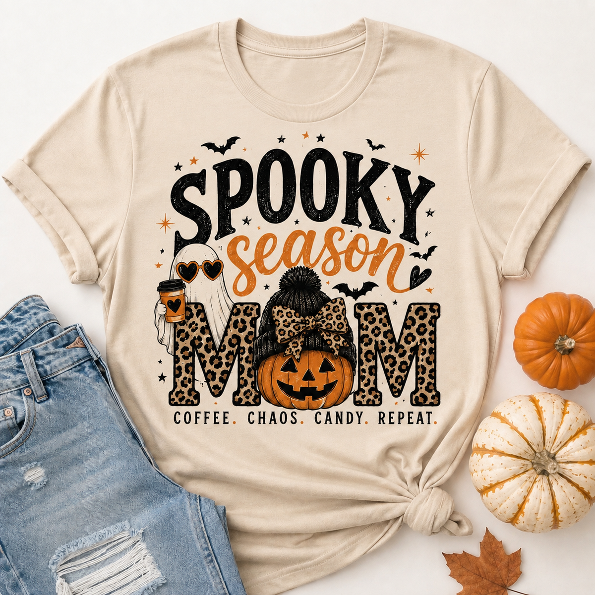 Spooky Season Mom Halloween graphic V-neck tee with leopard print, ghost, pumpkin and coffee design