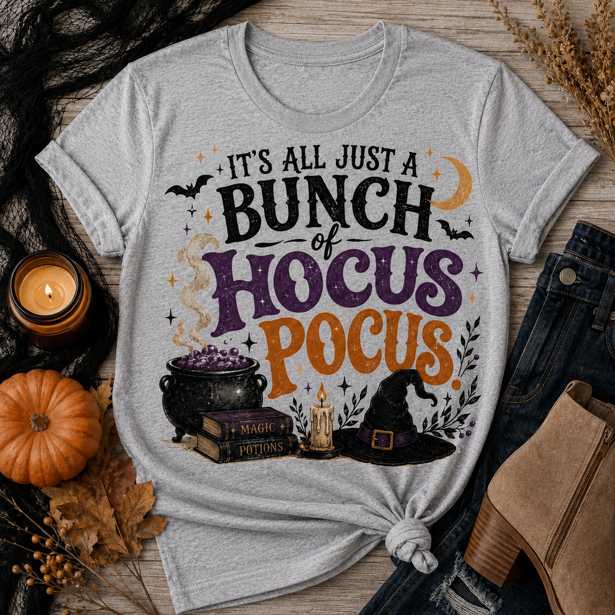 Hocus Pocus Halloween graphic crewneck tee with witch hat, cauldron and bats