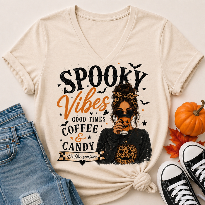 Spooky Vibes Halloween graphic V-neck tee with coffee, candy, pumpkin and leopard print design