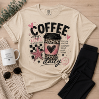 Cream Coffee My Love Language graphic tee featuring a pink and leopard print coffee cup, black checkerboard pattern, hearts, stars and Strong Coffee Positive Mind Good Vibes text.