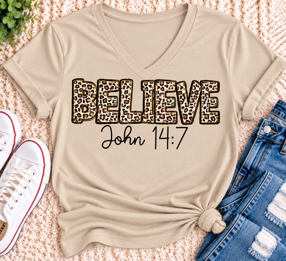 Believe John 14:7  leopard print Christian graphic shirt available in short sleeve crewneck, V-neck, long sleeve and hoodie styles.