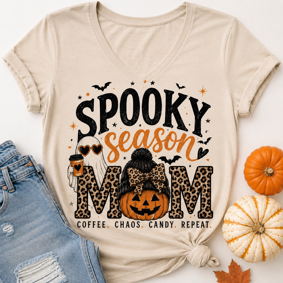 Spooky Season Mom Halloween graphic crewneck tee with leopard print, ghost, pumpkin and coffee design