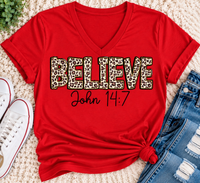 Believe John 14:7  leopard print Christian graphic shirt available in short sleeve crewneck, V-neck, long sleeve and hoodie styles.