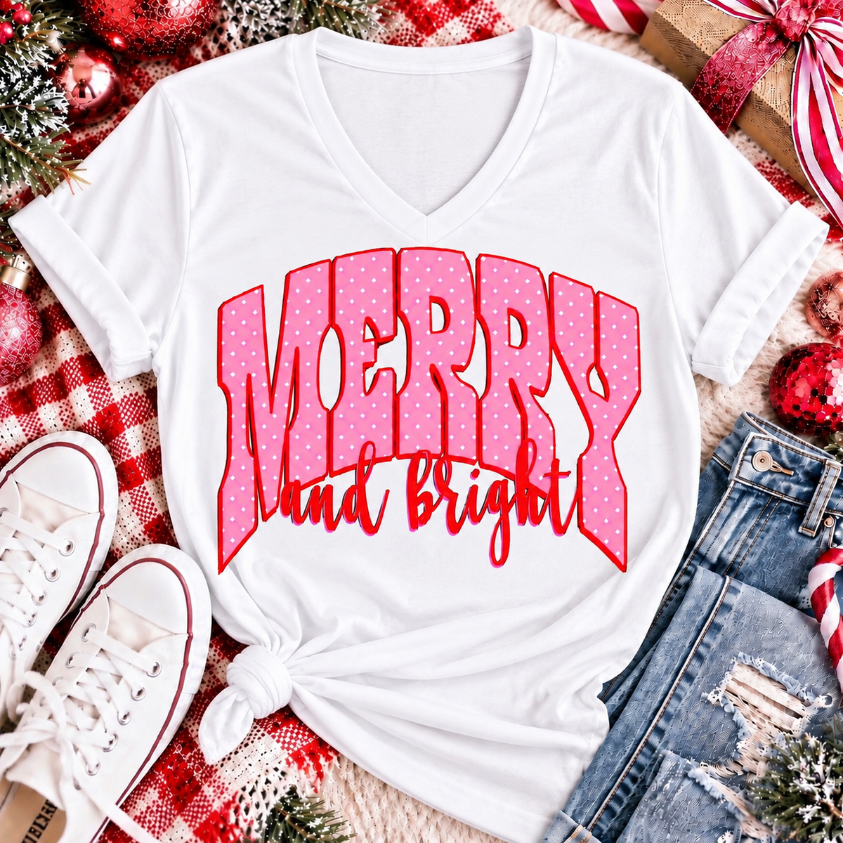 Merry and Bright Christmas graphic apparel with oversized pink polka dot lettering and festive holiday design