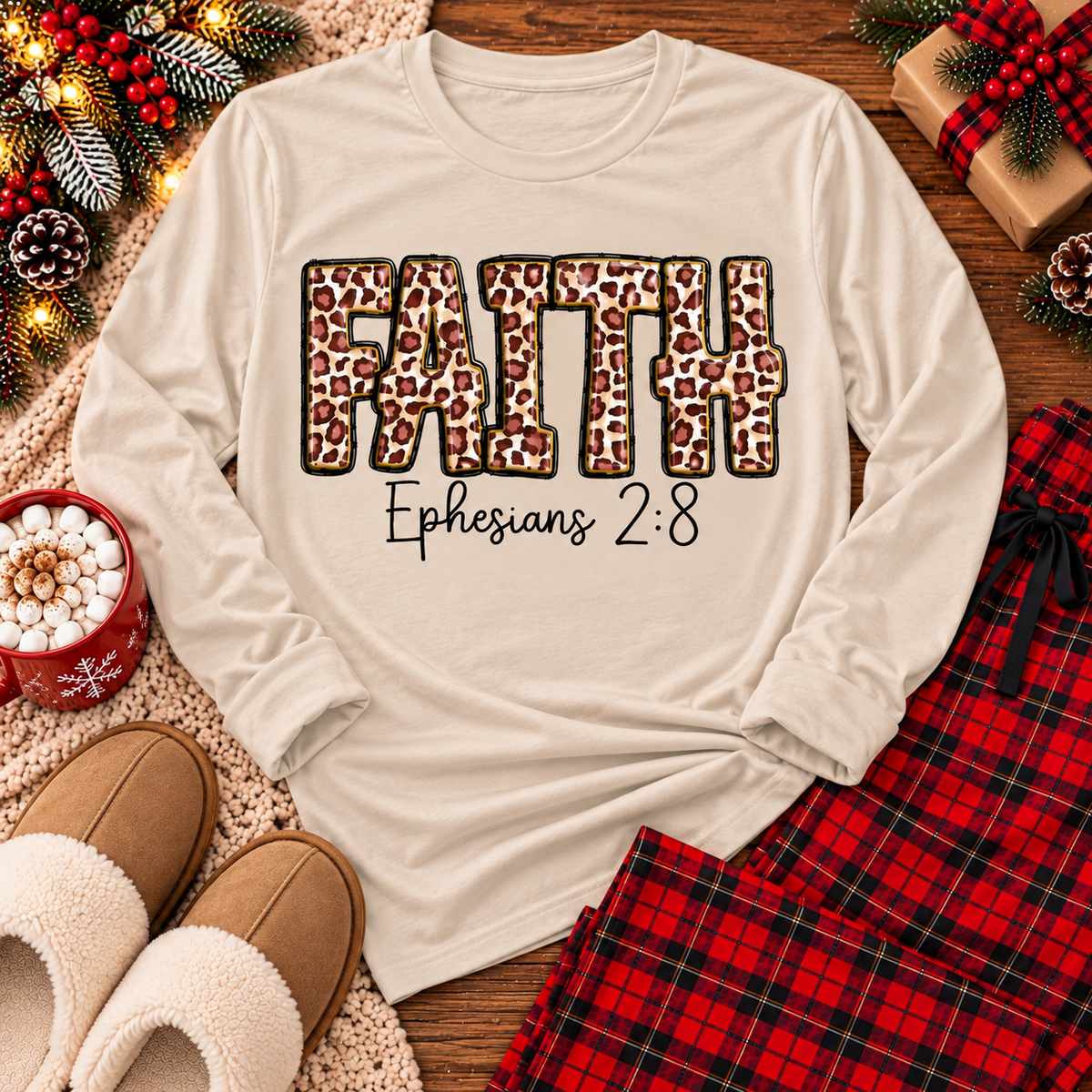 FAITH Ephesians 2:8 leopard print Christian graphic apparel for women in beige and red
