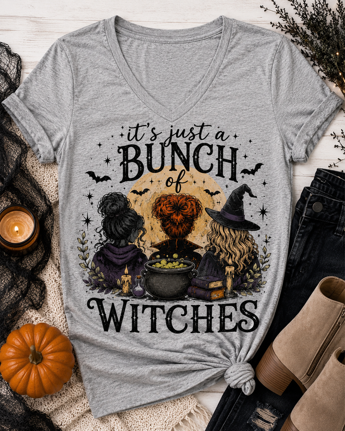 Gray It’s Just a Bunch of Witches Halloween graphic tee featuring three witches, cauldron, bats and spooky details.