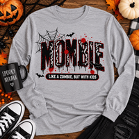 Gray long sleeve Mombie Halloween mom shirt with spiderweb, bats and zombie-inspired graphic
