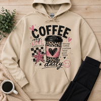 Coffee My Love Language graphic hoodie with pink and leopard print coffee cup design