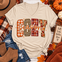 Cream V-neck Cozy Season fall graphic tee featuring plaid, leopard and leaf print design