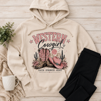 Western Cowgirl graphic hoodie featuring pink cowboy boots, cowboy hat and Faith Strength Grace design