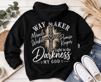 Back: Black Way Maker Christian hoodie featuring a leopard print cross with Miracle Worker, Promise Keeper, Light in the Darkness and My God lettering.