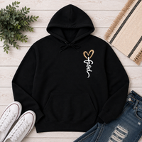 Front: Black Christian hoodie with a small white Jesus script and brown heart design on the front chest.
