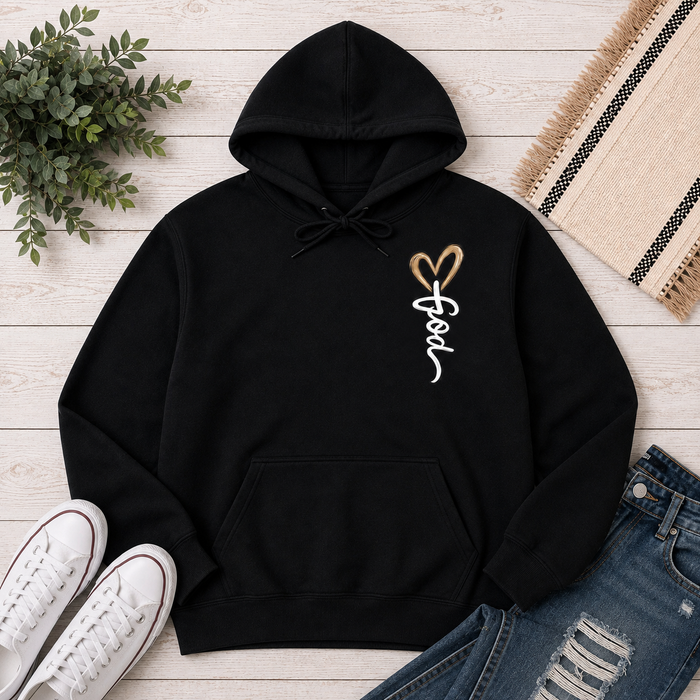 Front: Black Christian hoodie with a small white Jesus script and brown heart design on the front chest.