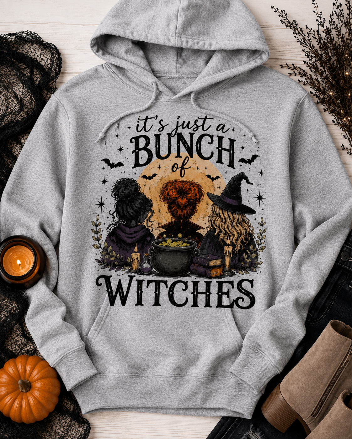Bunch of Witches Halloween graphic hoodie featuring witches, cauldron, bats and spooky details