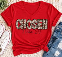 CHOSEN 1 Peter 2:9 leopard print Christian graphic apparel for women in red and beige