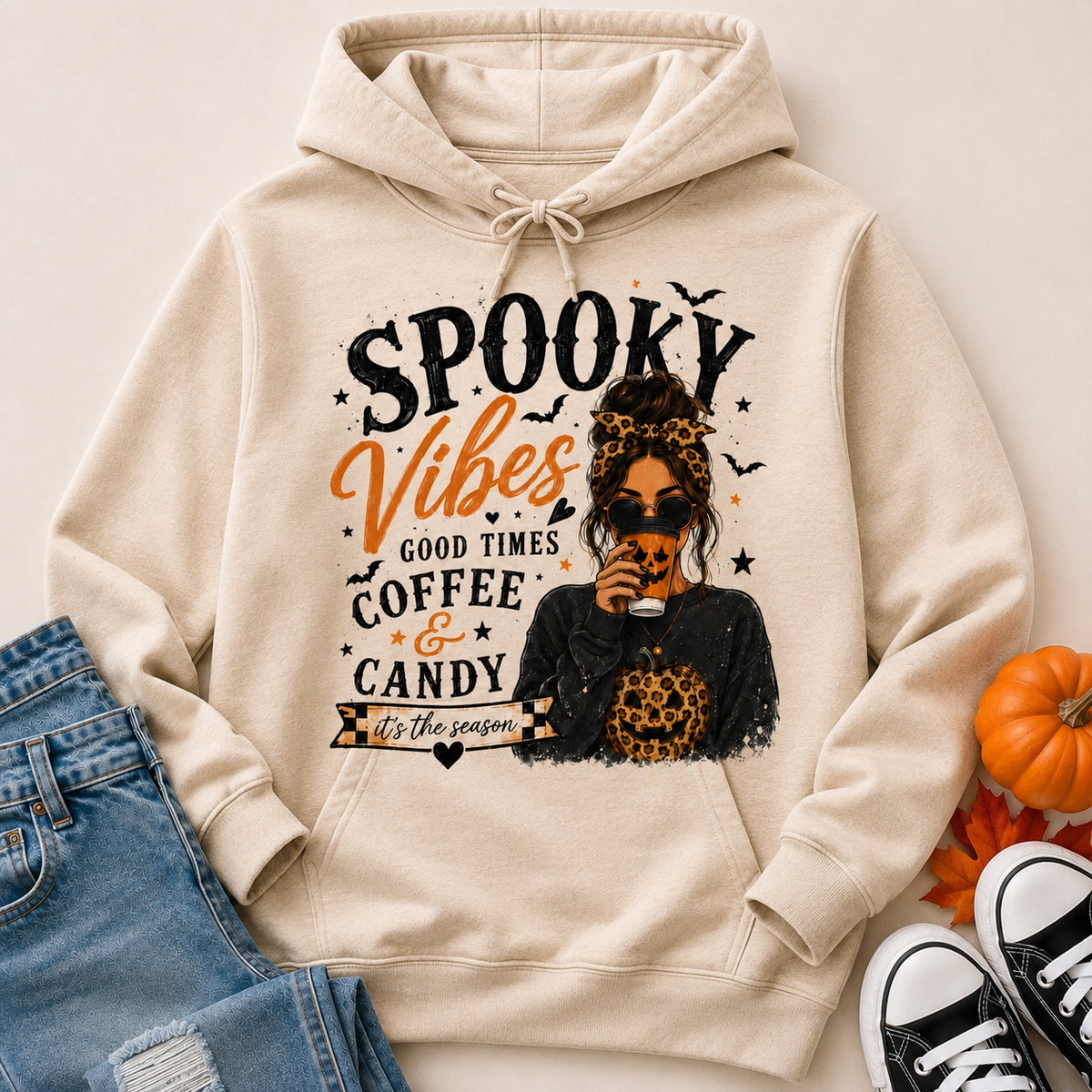 Spooky Vibes Halloween graphic hoodie featuring coffee, candy, pumpkin and leopard print fall design