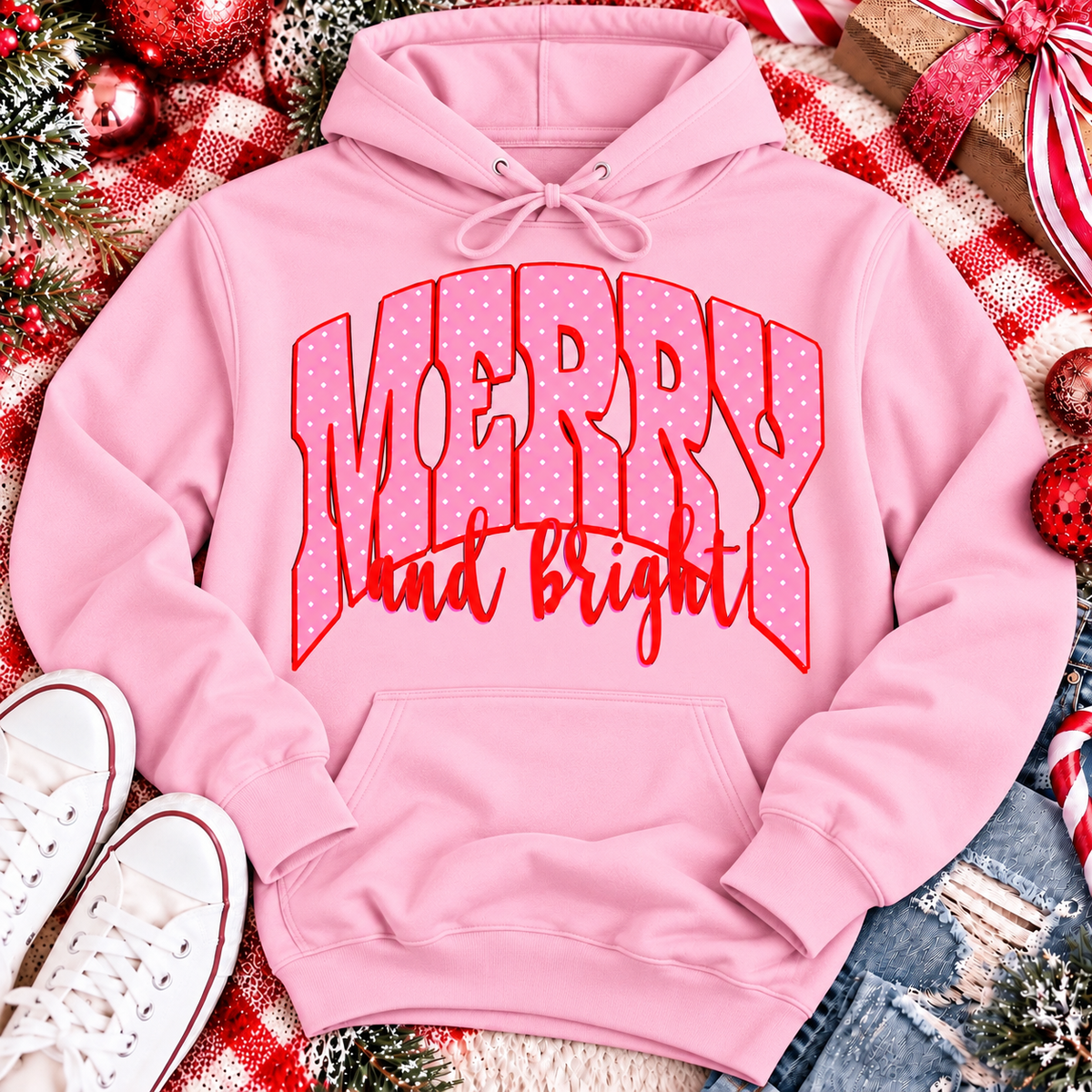 Merry and Bright Christmas graphic apparel with oversized pink polka dot lettering and festive holiday design
