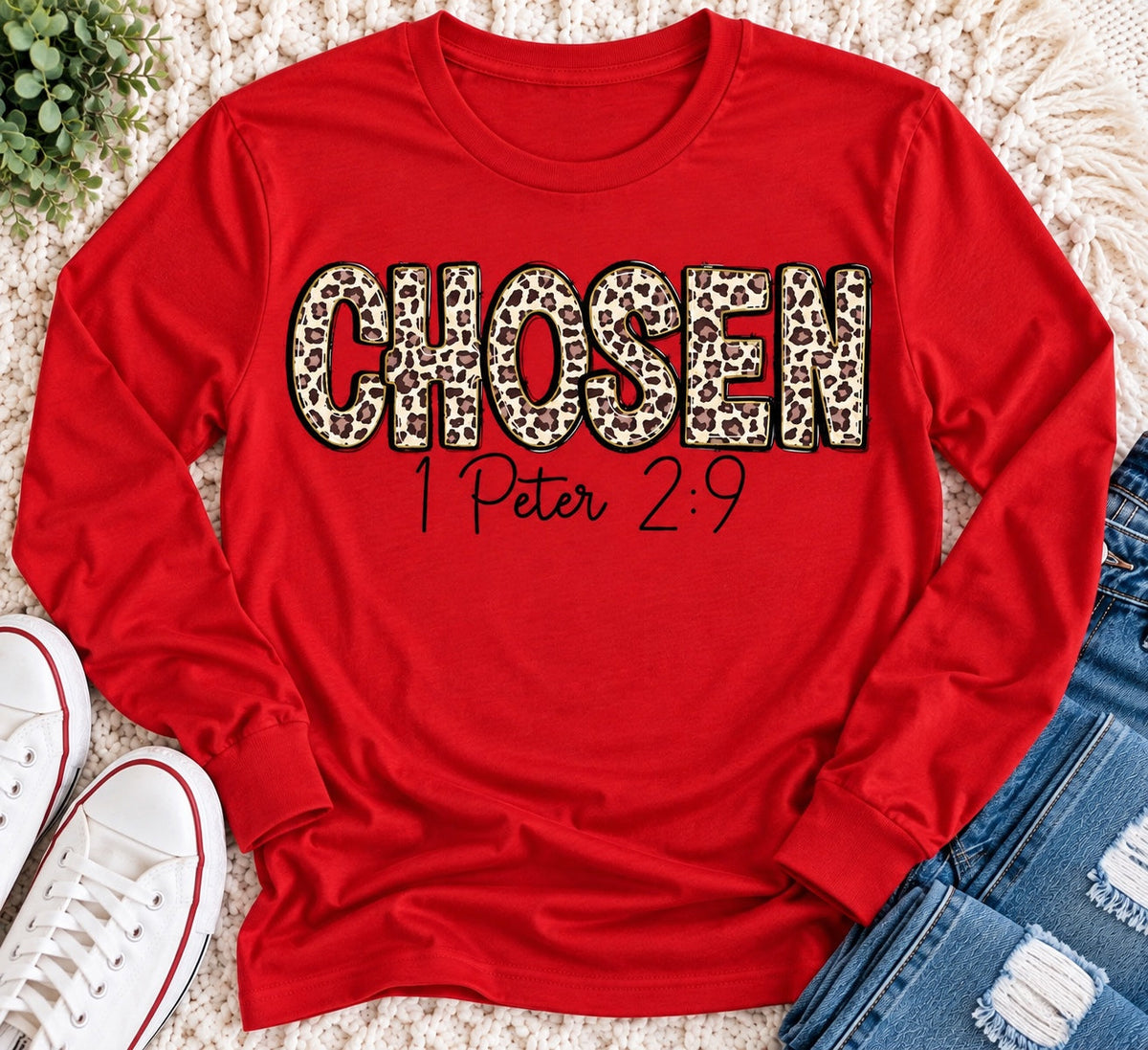 CHOSEN 1 Peter 2:9 leopard print Christian graphic apparel for women in red and beige