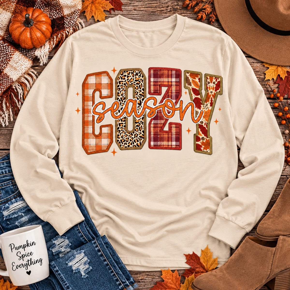 Cream long sleeve Cozy Season fall graphic shirt with mixed plaid, leopard and autumn patterns