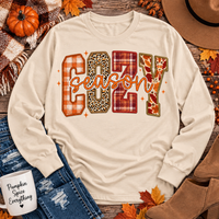 Cream long sleeve Cozy Season fall graphic shirt with mixed plaid, leopard and autumn patterns