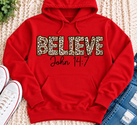 Believe John 14:7  leopard print Christian graphic shirt available in short sleeve crewneck, V-neck, long sleeve and hoodie styles.