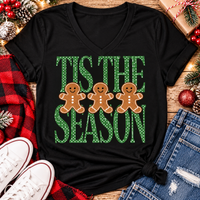 Tis the Season Christmas graphic apparel featuring green polka dot lettering and three gingerbread cookies