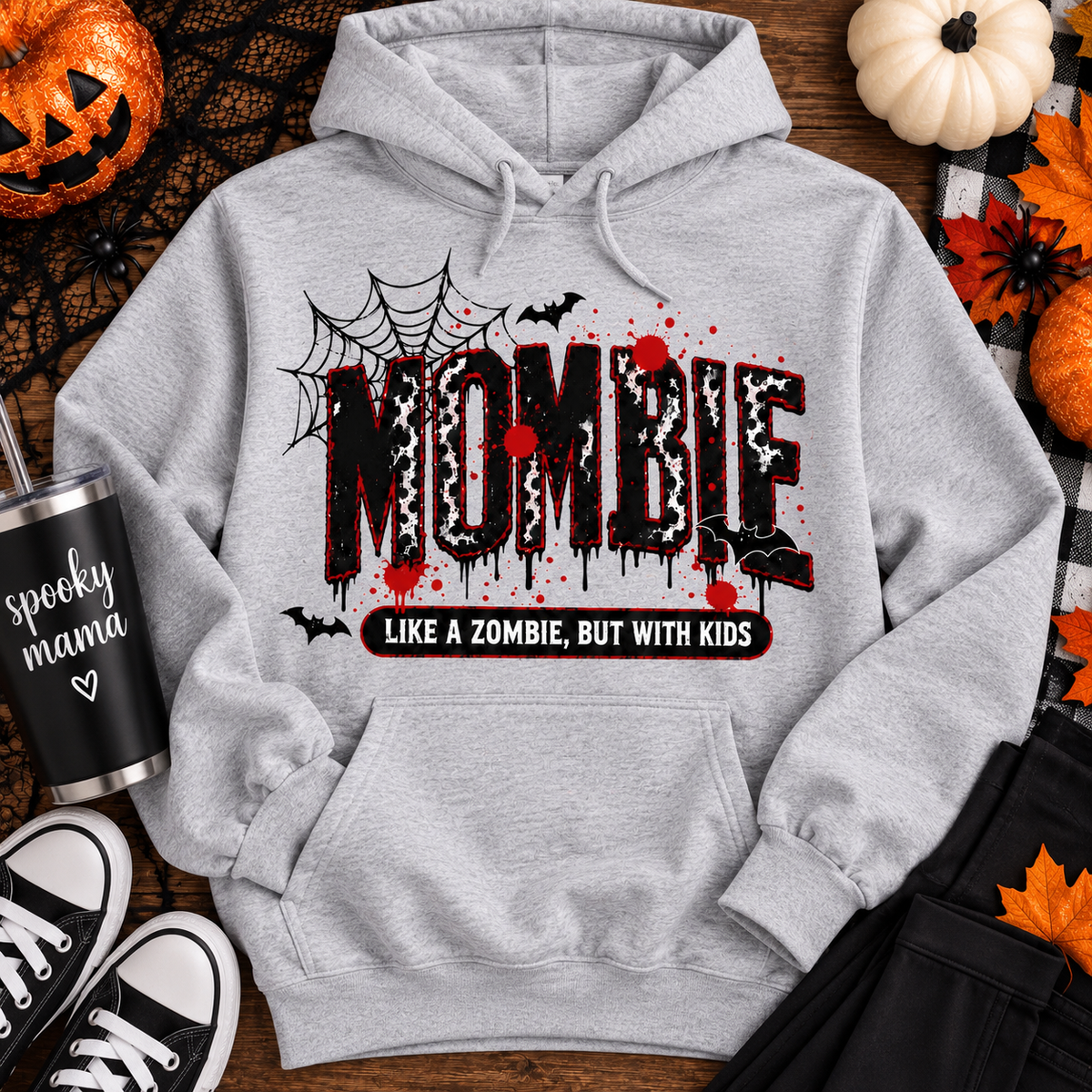 Gray Mombie Halloween mom hoodie featuring black and red graphic with spiderwebs and bats