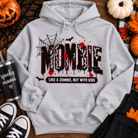 Gray Mombie Halloween mom hoodie featuring black and red graphic with spiderwebs and bats