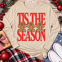 Tis the Season Christmas graphic apparel featuring red polka dot lettering and three gingerbread cookies
