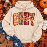 Cream Cozy Season fall hoodie featuring plaid, leopard and autumn print graphic