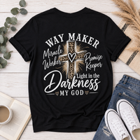 Back: Black Way Maker Christian graphic tee featuring a leopard print cross with Miracle Worker, Promise Keeper, Light in the Darkness and My God lettering.