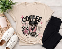 Cream Coffee My Love Language graphic tee featuring a pink and leopard print coffee cup, black checkerboard pattern, hearts, stars and Strong Coffee Positive Mind Good Vibes text.