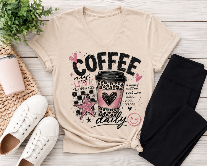 Cream Coffee My Love Language graphic tee featuring a pink and leopard print coffee cup, black checkerboard pattern, hearts, stars and Strong Coffee Positive Mind Good Vibes text.