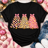 Pink leopard and checkered Christmas trees graphic apparel for women in pink and black
