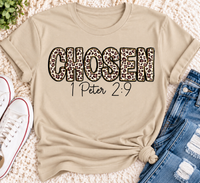 CHOSEN 1 Peter 2:9 leopard print Christian graphic apparel for women in red and beige