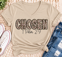 CHOSEN 1 Peter 2:9 leopard print Christian graphic apparel for women in red and beige