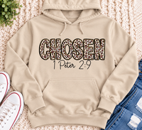 CHOSEN 1 Peter 2:9 leopard print Christian graphic apparel for women in red and beige