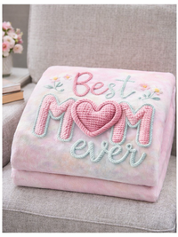 Pink blanket with 'Best Mom Ever' embroidery on a gray chair