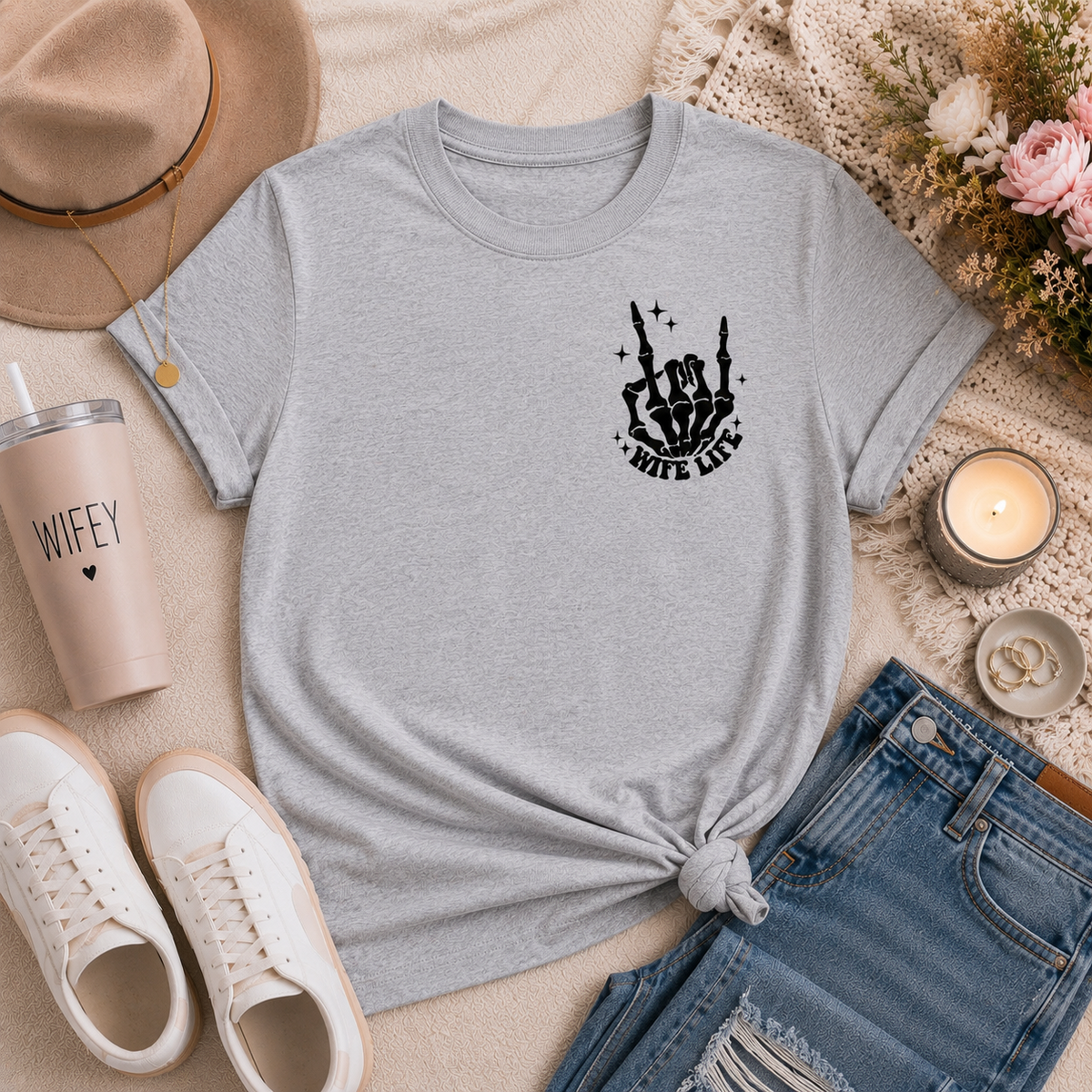 Gray crewneck graphic tee featuring a small black skeleton hand and “Wife Life” front chest graphic.